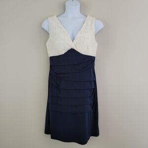 DRESSBARN COLLECTION Size 16 Navy & Ivory Lace Surplice V-Neck Ruched Dress NWT